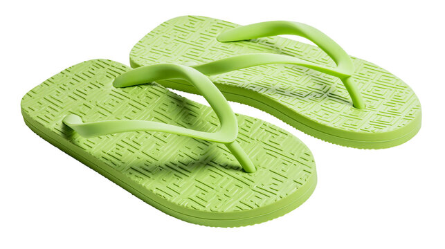 Pair of lime green rubber flip flops with geometric embossed pattern