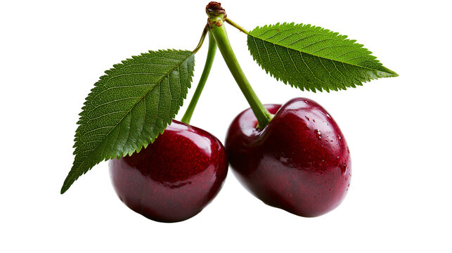 Two ripe red cherries with green stems and serrated leaves