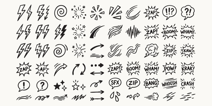 Hand drawn doodle icon set with comic book sound effects and abstract shapes on a light background for design