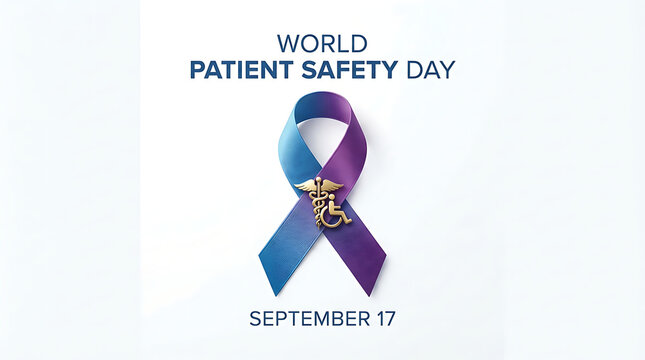 A white-background graphic featuring a ribbon in shades of blue and purple adorned with a gold caduceus symbol, with "World Patient Safety Day" displayed above the ribbon and "September 17"