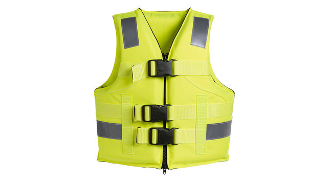 Neon yellow life jacket with reflective strips and black plastic buckle fasteners