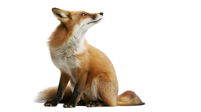 Alert red fox sitting and looking up with fluffy tail and white chest fur