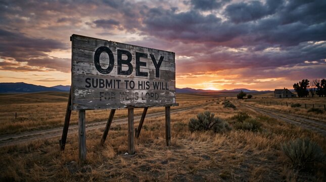 Obey Submit To His Will Old Wooden Sign in Rural Landscape at Sunset.