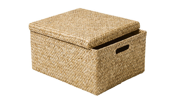 Woven seagrass storage box with lid and cutout handles