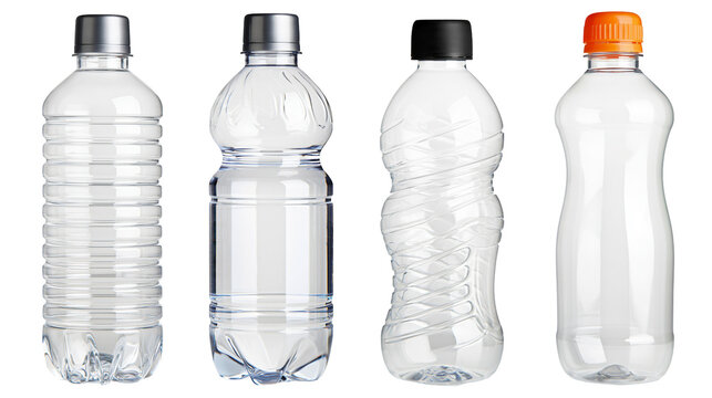 Four empty plastic water bottles with different shapes and colorful screw caps