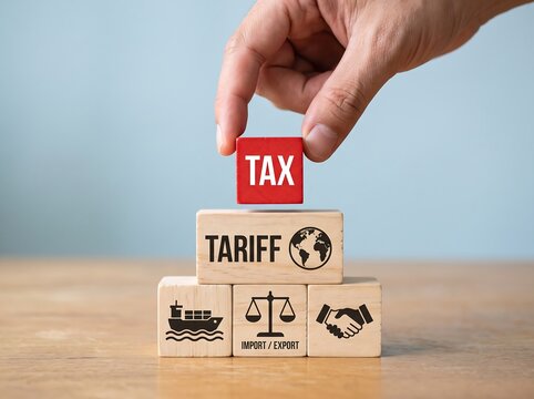 Hand placing a red tax block on top of wooden tariff blocks with international trade icons import export shipping icon scales icon handshake icon globe icon