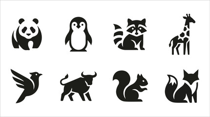 Fototapeta premium Set of cute wild animals and birds solid glyph icons isolated on white background. Vector illustration of panda bear, penguin, raccoon, giraffe, flying bird, bull, squirrel, and fox silhouettes.
