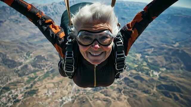 An elderly woman enjoys skydiving above mountains while smiling widely and experiencing the thrill of free fall