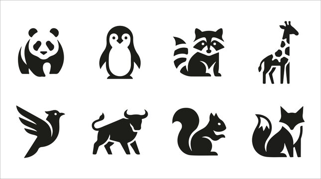 Set of cute wild animals and birds solid glyph icons isolated on white background. Vector illustration of panda bear, penguin, raccoon, giraffe, flying bird, bull, squirrel, and fox silhouettes.
