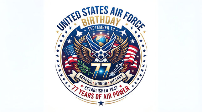 U.S. Air Force featuring wings, a star, and an eagle's head flanked by waving American flags, text "United States Air Force Birthday September 18," a large "77," and "Service Honor Victory," 