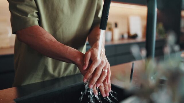 Man, washing hands or water in home for cleaning, OCD behavior or paranoid for contamination. Rinsing, faucet or person with disability in kitchen, bacteria prevention or compulsion for mental health