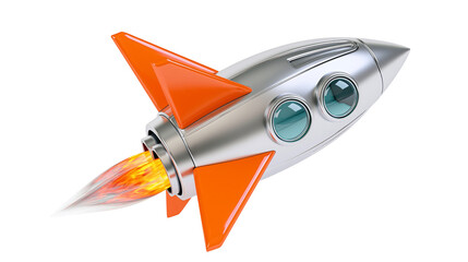 Silver metallic toy rocket ship with orange fins and exhaust flame © Isolde