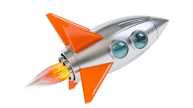Silver metallic toy rocket ship with orange fins and exhaust flame