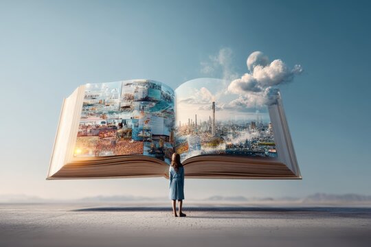 A girl stands enchanted before a giant open book revealing captivating scenes of nature and industry blending together in harmony. A visual narrative of imagination and storytelling. Generative AI