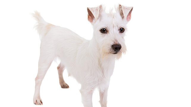 Small white scruffy terrier dog standing and looking forward