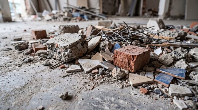 Pile of construction debris and rubble on a concrete floor inside a building under renovation.