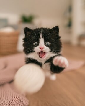 Cute kitten playing with yarn ball, funny black and white cat