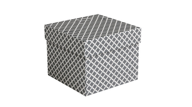 Square cardboard gift box with grey and white diamond lattice pattern