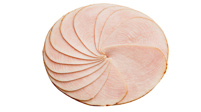 Thinly sliced circular turkey breast deli meat arranged in a spiral pattern