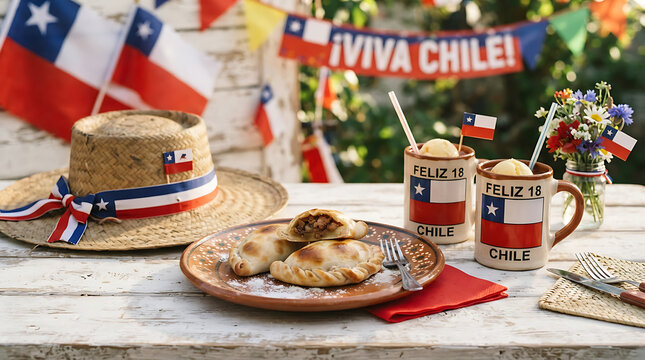 two mugs reading "FELIZ 18" and "CHILE," a flower bouquet with mini flags, and a "VIVA CHILE!" banner with strung flags on a light wooden table.