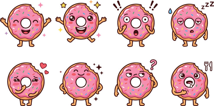 Cute Bitten Pink Donut Character Emotion Vector Set Featuring Kawaii Doughnuts with Expressive Faces Showing Happy Shocked Sleepy Confused and Hungry Moods