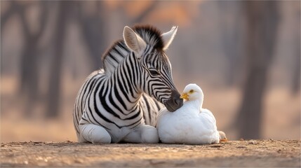 Naklejka premium Baby Zebra and White Duck Sitting Together in Nature
