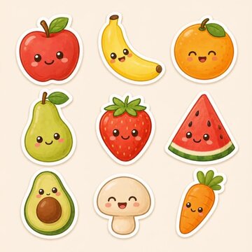 Animated cartoon fruit and vegetable characters with cute faces and cheerful expressions