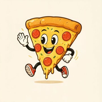 Animated cartoon pepperoni pizza slice runs energetically with a cheerful retro cartoon face