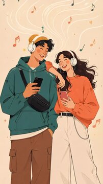 Vertical animated young friends wearing headphones and smiling while enjoying music together