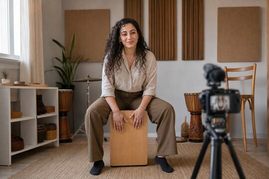 Percussion teacher recording a beginner cajon lesson