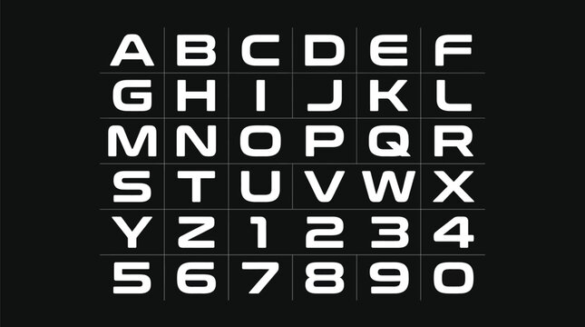 Modern futuristic vector typeface design featuring bold white sans serif letters and numbers on dark grid
