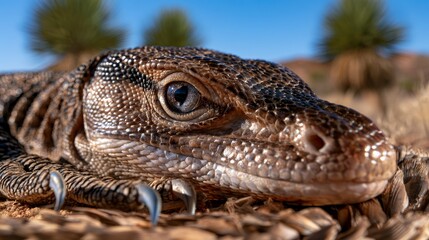 Fototapeta premium Close-up of a detailed lizard resting on natural fibers in a desert landscape with green yucca plants and clear blue sky in the background