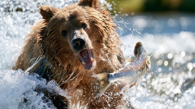 Brown bear catching fish in a river, splashing water around, with a blurred natural background of trees and sunlight filtering through the foliage