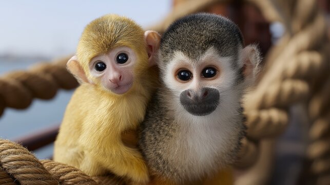 Two adorable baby squirrel monkeys sitting together on a rope