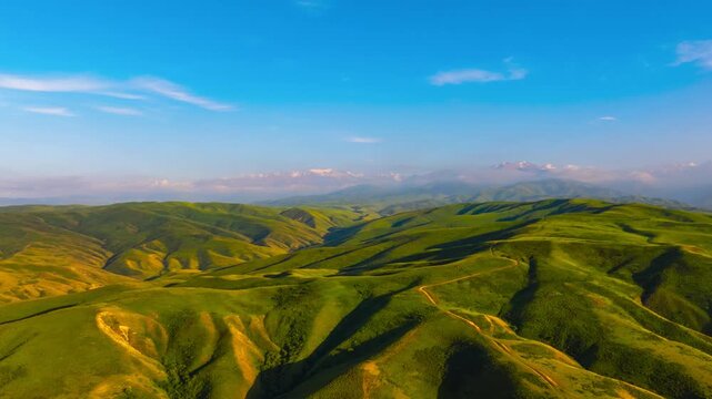 Drone hyperlapse flying forward above green foothills with snowcapped peaks on the horizon in Kyrgyzstan. Wide angle.