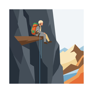 Flat vector illustration of a faceless mountain climber resting on a cliff ledge, wearing a helmet, orange backpack, and harness with blue ropes against jagged mountains.
