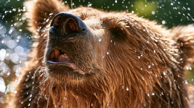Close-up of a brown bear shaking off water droplets, showcasing its wet fur and facial features against a blurred natural background
