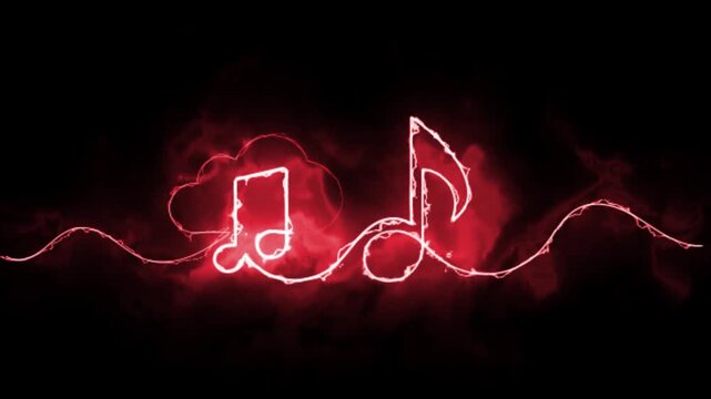 Showing glowing red neon music notes and electric lines pulsing on a dark background. Motion graphics animation.