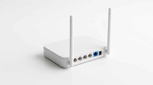 White wireless Wi-Fi router with two external antennas, yellow LAN ports, a blue WAN port, and green LED indicator lights, shot from an angle on a clean white background.