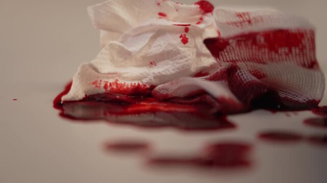 Macro side view of green disposable forceps placing medical cotton gauze onto blood pool, sterile clinical feel for first aid wound care B-roll⁠