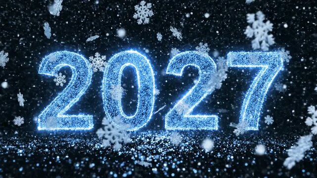 New Year 2027 blue particle text with falling snowflakes