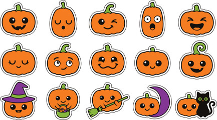 Fototapeta premium Halloween Pumpkins Sticker Set with Cute Faces and Witch Elements. Festive Autumn Design