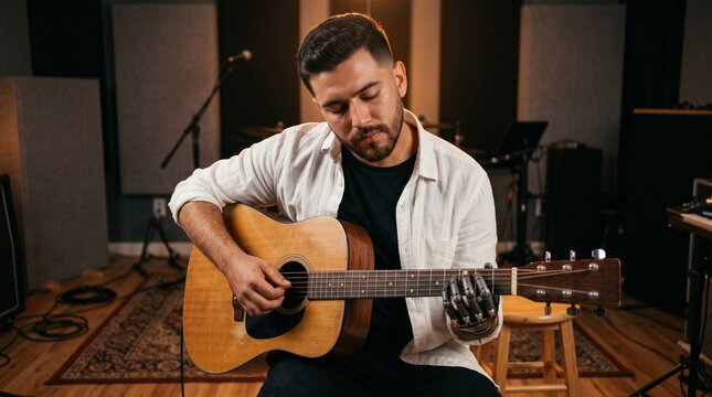 Young man playing acoustic guitar in recording studio