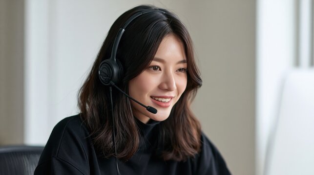 Smiling asian female customer support agent with headset working in office