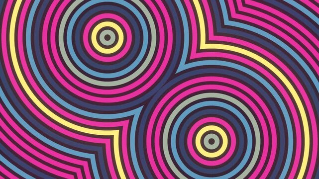 Dynamic 4K pop-art seamless loop featuring dual nodes of expanding waves. High-contrast magenta, blue, and yellow intersecting circles create a retro geometric flat art background
