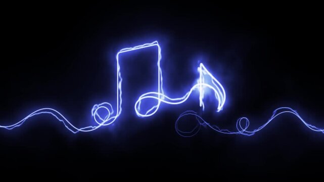 Neon music notes glowing with blue electric energy in 4k animation