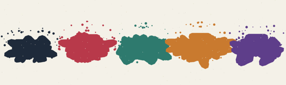 Ink bloom motif banner, symmetrical rorschach blots in indigo crimson and teal, ultra wide abstract inkblot background vector illustration