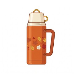Obraz premium Vintage orange thermos flask decorated with autumn leaves pattern isolated on white background. Flat illustration of cozy fall hot drink container.