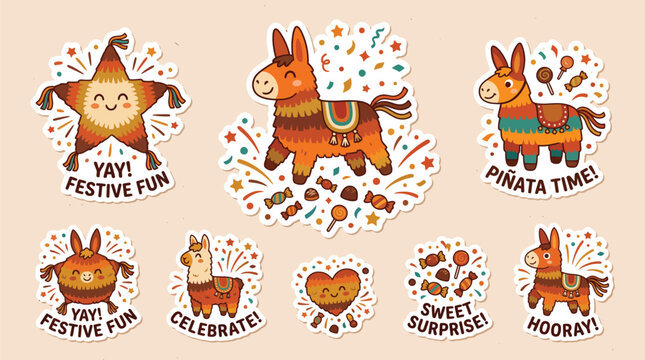 Festive colorful pinata stickers set featuring cute donkey shapes and sweet candies in vector design style