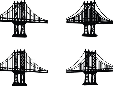 Suspension bridge silhouette icon set featuring architectural city landmarks, cable bridge towers, urban engineering structures, and modern transport infrastructure vector graphics.